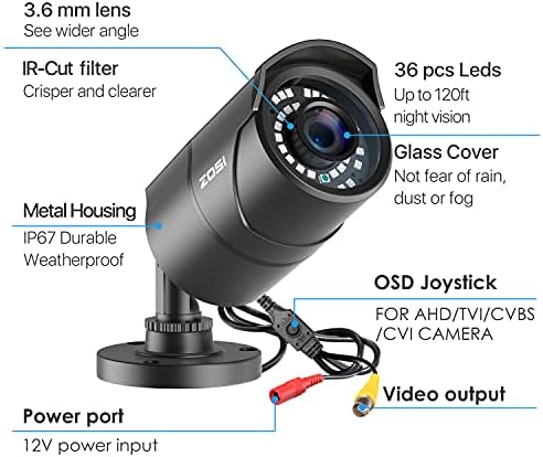 Zosi 4 pacote 2mp 1080p 1920tvl Câmera de segurança LEDS INTERIOR 36PCS, Visão noturna de 120 pés, 105 ° Visualização