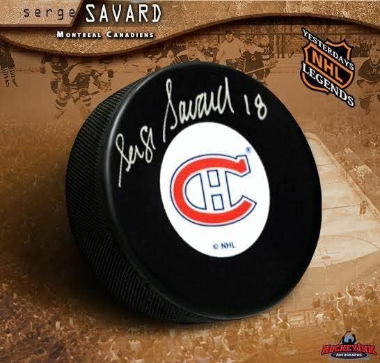 Serge Savard assinou Montreal Canadiens Original Six Puck - Pucks autografados da NHL