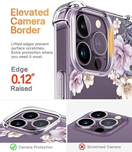 Roseparrot [4-in-1] iPhone 14 Pro Max Case com protetor de tela de vidro temperado + protetor de lente da câmera, limpo com design de padrões florais, cobertura protetora à prova de choque （Blooms de anêmona)