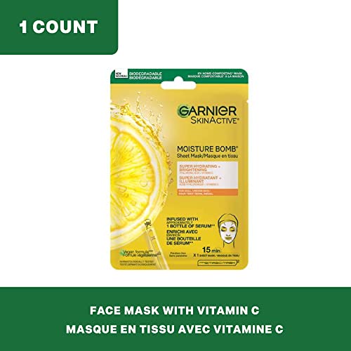 Garnier SkinActive Glow Boost Máscara de folha de mix fresca com vitamina C, para todos os tipos de pele, 1 contagem
