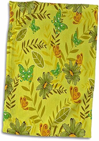 3drose vintage verde profundo e amarelo flores, borboletas e padrão de folhas - toalhas