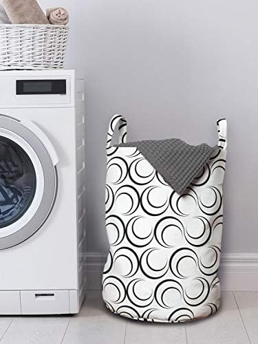 Bolsa de lavanderia abstrata de Ambesonne, geométrica Crescente em forma de lua meio círculos elipses design contemporâneo, cesto de cesto com alças fechamento de cordão para lavanderias, 13 x 19, carvão branco cinza branco