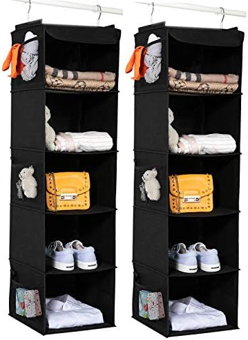 BrilliantJo 2 pacote pendurado organizador do armário, 5 prateleiras penduradas armazenamento com 6 bolsos laterais para sapatos de roupa, 43 x12 x12