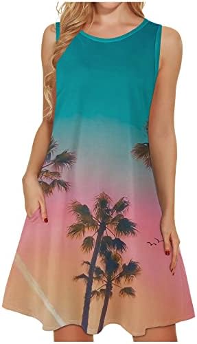 Vestidos de verão para mulheres com camiseta sem mangas casuais vestido floral fluxo plissado praia vestido de tanque de balanço solto