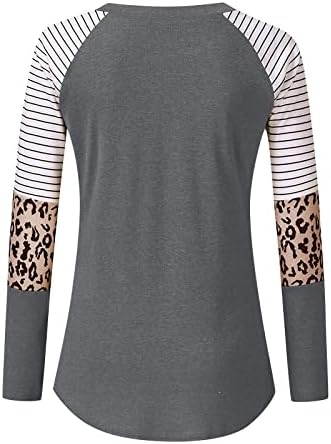 Tops de manga longa feminina outono e inverno com estampa de leopardo redondo tampa listrada no pescoço