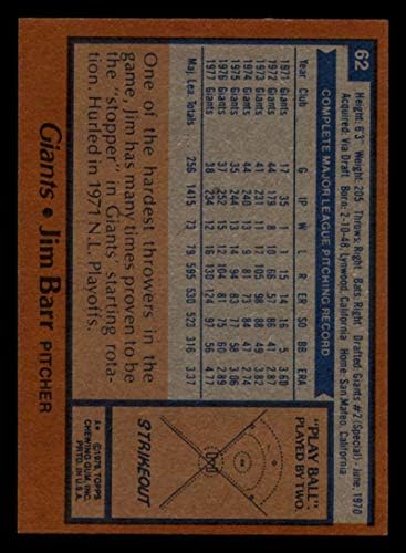 Baseball MLB 1978 Topps #62 Jim Barr Ex ++ Excelente ++ Giants