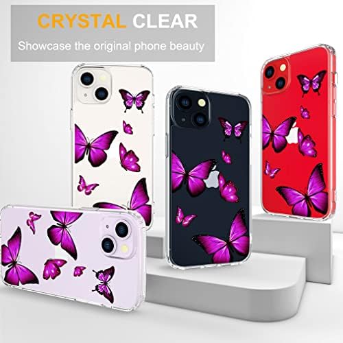 Endiy iPhone 14 Case Butterfly For Women Girls Carca de telefone feminino Clear com design, compatível com iPhone 14 estojo transparente Cool Kawaii Protective, borboletas roxas