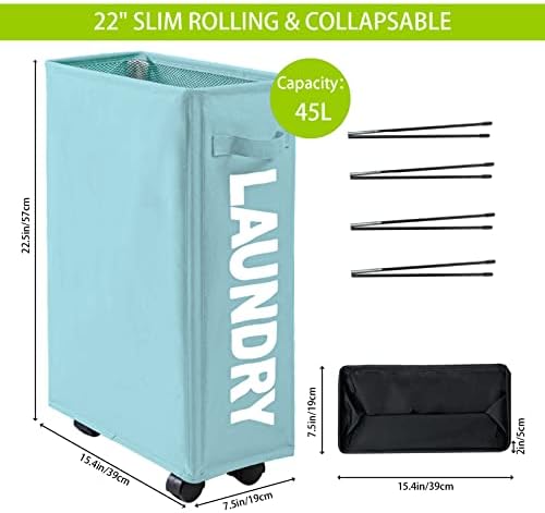 ZCCPECK Slim 22 cesta de lavanderia com rodas, canteiro portátil Sujo para roupas para a organização de lavanderia, lixo de carrinho de lavanderia dobrável para lavanderia, faculdade （LightBlue）