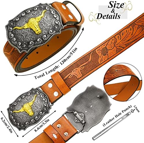Cinturão de fivela de couro ocidental do RECHICGU, Celtos de cowboy marrom com cabeça de touros com fivelas de touros Longhorn, 1-1/2 polegadas de largura