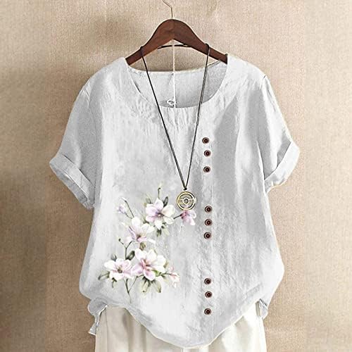 Camiseta feminina manga curta de linho de linho de algodão de algodão gráfico floral casual de grande porte