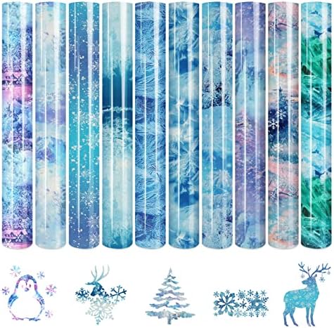 TINTNUT Snowflake HTV Transferência de calor Vinil 10 folhas - 12 x 10 polegadas de inverno Natal ccapa de neve htv em árvores azuis em vinil vinil aquarela estampada htv vinil para camisas diy para cricut ou cameo