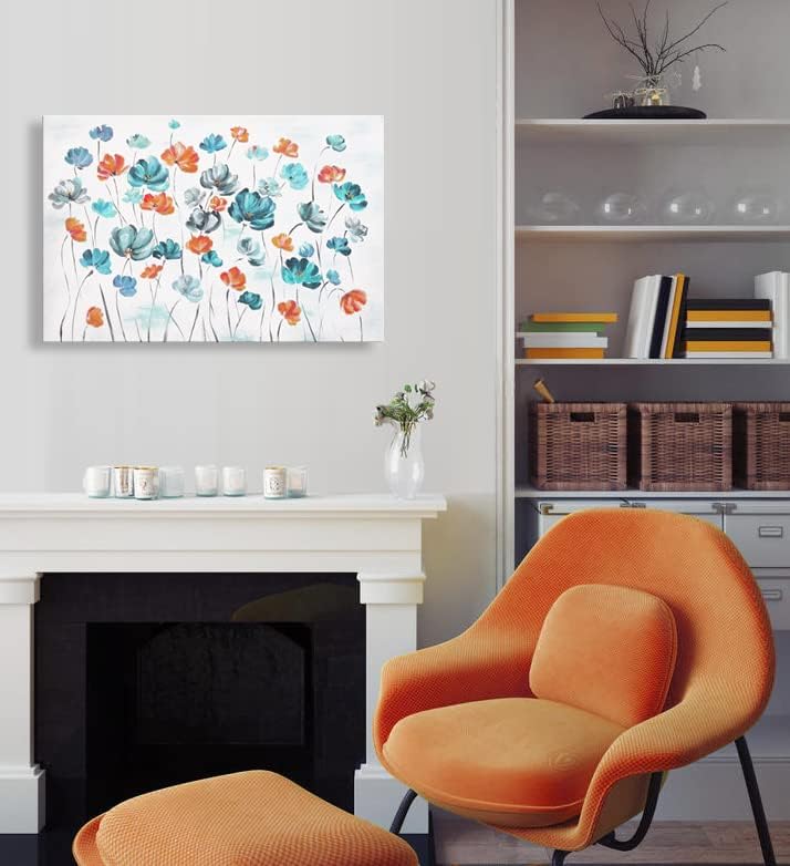 Decoração de gênio - pintura moderna de flores em decoração de parede laranja branca e cerceta decoração de quarto