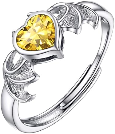 Prosilver 925 Sterling Silver Cute Bat Wings Ring, jóias de Halloween para mulheres, lindos anel de coração de