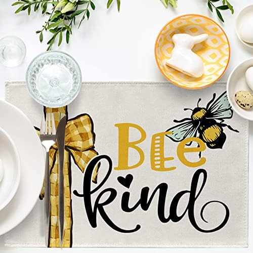 Seliem Spring Bee Kind Gunflower Placemats Conjunto de 4, Just Bee You Inspirational Black Stripe Dining Table