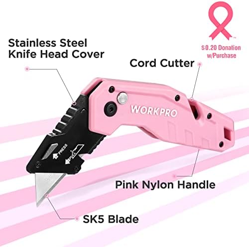 WorkPro 12V Drill sem fio rosa e kit de ferramentas domésticos e faca de utilidade rosa com 10 lâminas