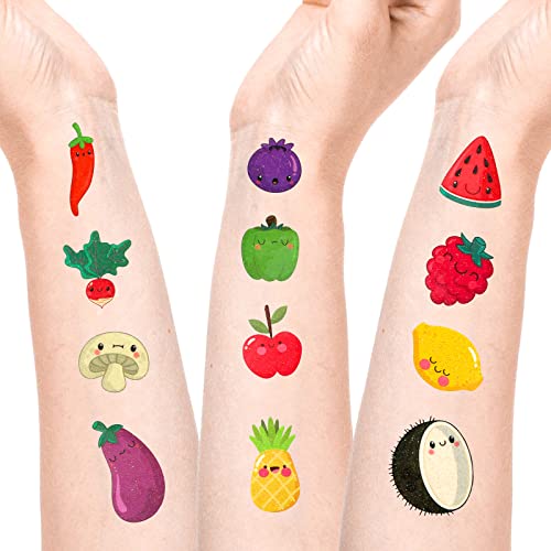 10 folhas Glitter Fruit Tattoos temporários para crianças Tatuagens de frutas adesivo Tatuagens