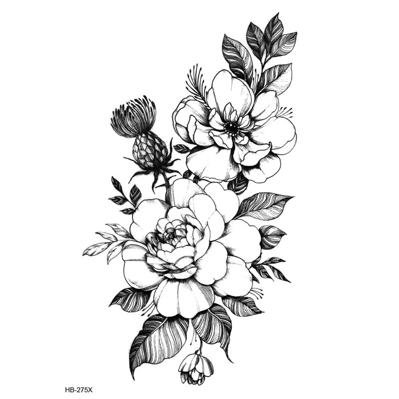 2 folhas esboço preto flor impermeável tatuagem tatuagem meio braço braço de flores falsa tatuagem tatuagem