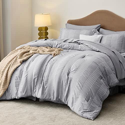 Bedsure Full/Queen Consol Sets, 7 peças Cama em uma bolsa - Listras Seersucker Bedding com edredom, lençol plano, lençol, farsa de travesseiro, travesseiros
