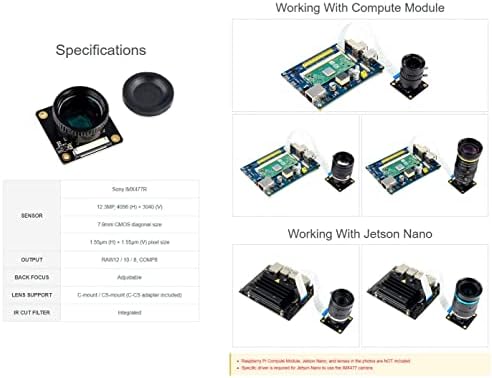 Câmera de 12.3MP do sensor Bicool IMX477 para o módulo de computação 3/ cm3 Lite/ cm3+/ cm3+ lite/ jetson nano, suporta lentes C/ CS, alta sensibilidade de alta resolução de alta resolução