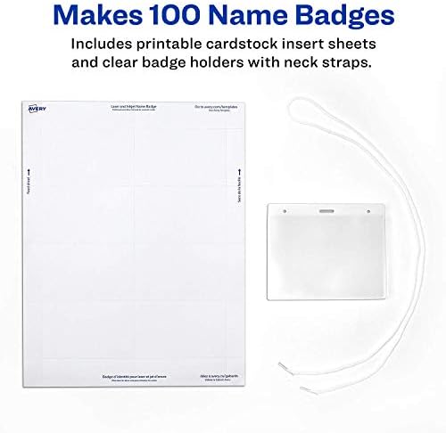 Avery Name Badges com colhedores, impressão ou gravação, 3 x 4, titulares de distintivos e colhedores, 200 inserções