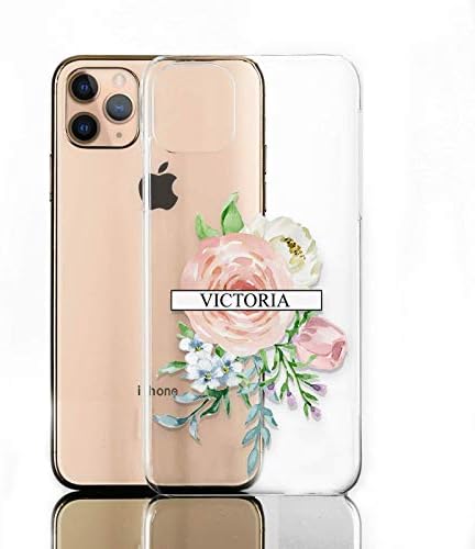 Caixa de telefone personalizada para Apple iPhone 11, Nome Branco Caixa Pink Flowers em Clear Hard Cover