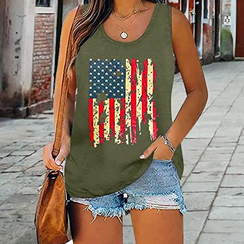 4 de julho Tampo de tanques para mulheres sem mangas U Pescoço T-shirt American Flag Star
