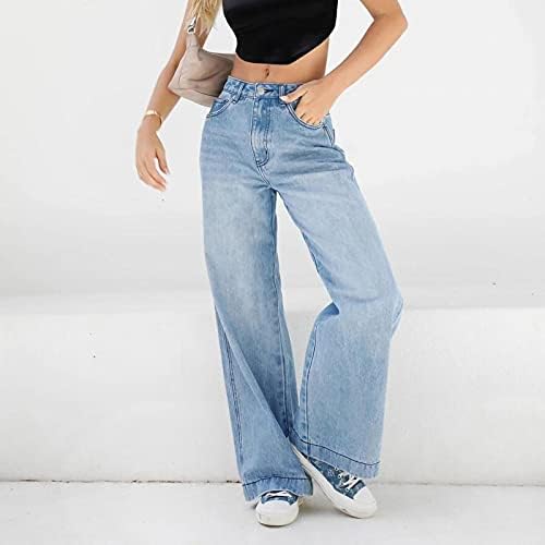 Calças de jeans soltas casuais femininas calças de lera larga de ascensão larga de largura