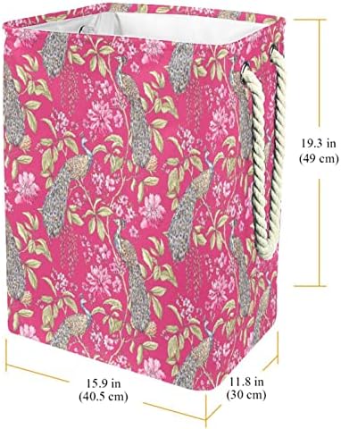 Pavão floral de pavão no cesto de lavanderia grande rosa com alça fácil de transporte, cesta de lavanderia