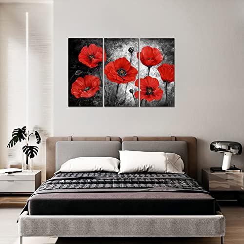 Arte da parede de flor de papoula vermelha, 3 peças floral na tela de fundo cinza escuro Imprima Arte da