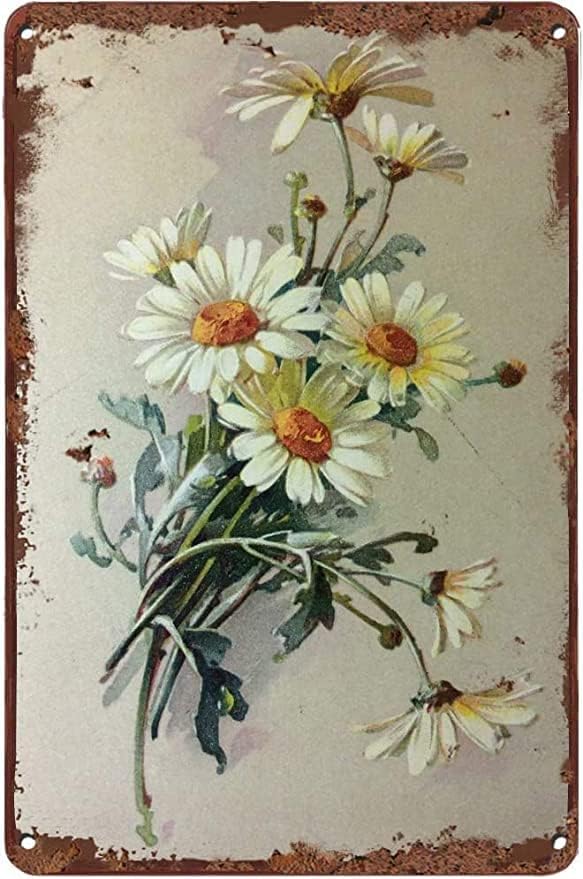 EYSL Vintage Tin Sign Flowers Daisy Branco com Drop Dew Drop Metal Sign Retro Decoração de parede para cafés