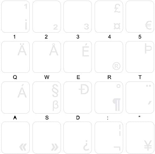 Layout de etiquetas internacionais de teclado em inglês dos EUA com um fundo transparente de letras brancas