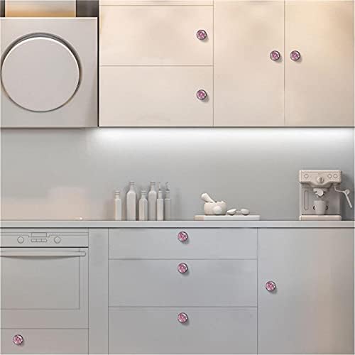 Pacote de gaveta de vidro redondo de 12 embalagem para armário de cozinha com parafusos, botões de armário de diamante de cristal de padrão rosa de coelho