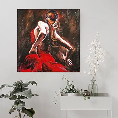 24x24 polegada pintada à mão Pintura a óleo Canvas Art Dançarina de flamenco espanhola em Red Dress Ilustração Obra de arte Mulher Modern Quarto Decoração de parede
