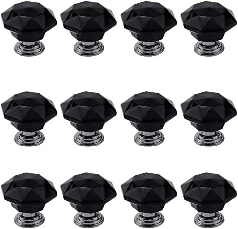 Antrader 12 formato de diamante acrílico 25 mm de gabinete preto puxar maçaneta de gaveta para gaveta, peito, cômoda, lixeira, armário com parafusos de 1 polegada