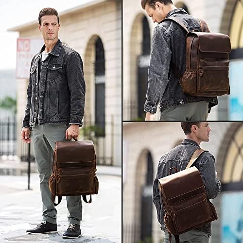 Mochila de couro de grão completo vintage para laptop de 15,6 polegadas para homens para homens de viagem casual saco de bookbag Daypack com zíper YKK Brown, grande