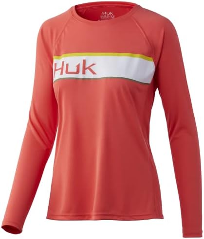 Huk Women's Standard Pursuit de manga longa Camisa de desempenho + proteção solar, coral de banda, médio