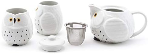 Happy Sales Hsts-awlwht, panela de chá em estilo japonês com filtro e 2 xícaras de chá, coruja branca