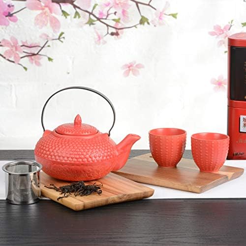 BIA - Oriental Hobnail Ceramic Bule de bule com 2 x xícaras I 750 ml I Conjunto de 3 grés vermelho Shojohi, Infusor de chá de folhas soltas, embalado em caixa de presente