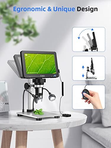 Elikliv 7 Microscópio Digital LCD 1200X, microscópio de moeda 1080p com controle remoto com fio, foco ultra-precioso de 12MP, 10 luzes de enchimento LED, vista para PC, suporte de metal, Windows/Mac compatível, 32 GB