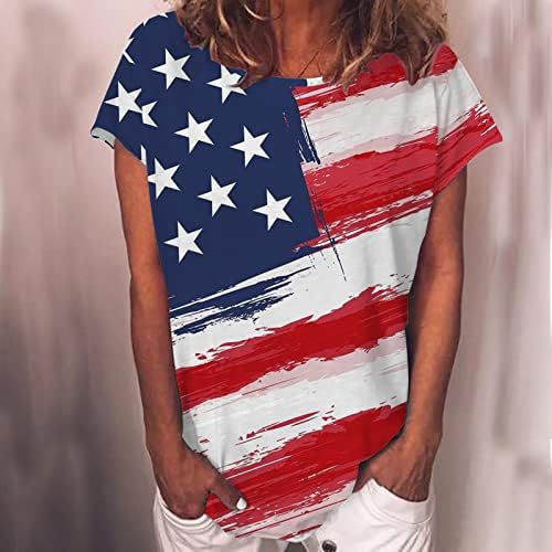 Camiseta feminina verão outono de manga curta Crew algodão American Flag Graphic Lounge Top Tee para senhoras LW LW