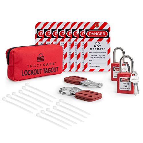 Kit de etiqueta de bloqueio do TradeSafe com hasps, tags de bloqueio, bloqueios de loto vermelho - kits de tag de bloqueio elétrico para conformidade com osha, kit pessoal de loto