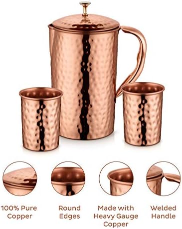 Avador artesanal de jarro de cobre puro com 2 drinques de vidro acabamento martelado ayurveda benefício