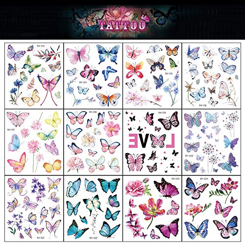 Tatuagens de Butterfly Karvier para crianças - 110 PCs 3D Tatuagens, Tatuagens temporárias de arte corporal colorida, Borbolefly Party Favors