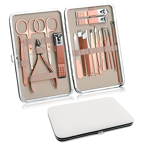 18 peças Manicure Conjunto de unhas - kit de pedicure em aço inoxidável, kits de manicure profissional kits de manicula, com luxuosas ferramentas de tratamento de unhas para homens e mulheres, ouro rosa