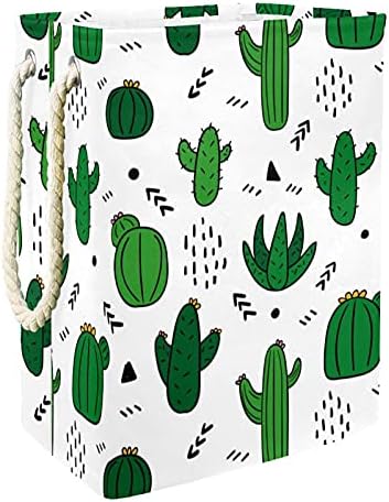 Cesta de lavanderia de padrões de cactos verdes desenhados à mão com alças dobráveis ​​cestas de lavanderia embutida com suportes destacáveis ​​Organização de roupas