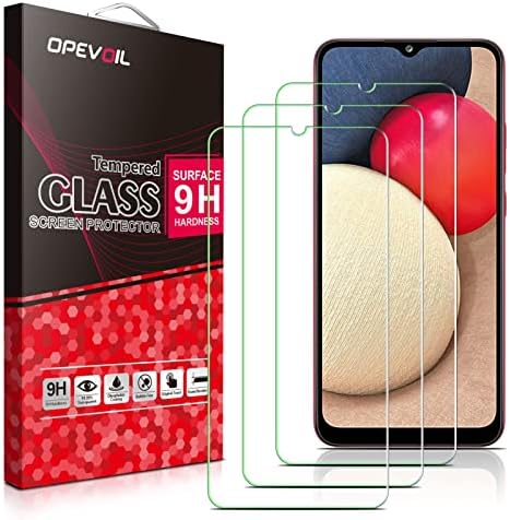 Opevoil [3 pacote] projetado para o protetor de tela de vidro temperado Samsung A02s, dureza 9H, anti -riscos, sem bolhas, amigável para casos, fácil de instalar
