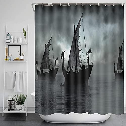 Decoração nórdica Vikings Dreino de cortina de chuveiro de navio, barril de fantasia Arte da cor preto e branco