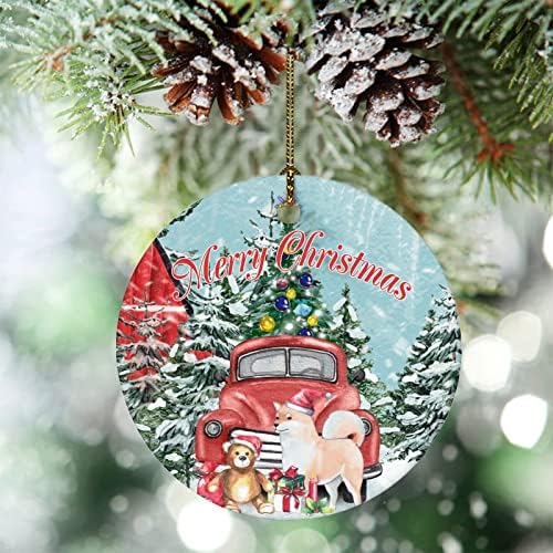 Cachorro com chapéu de santa Caminhão vermelho Árvore de Natal Cerâmica Ornamento de cerâmica Decoração