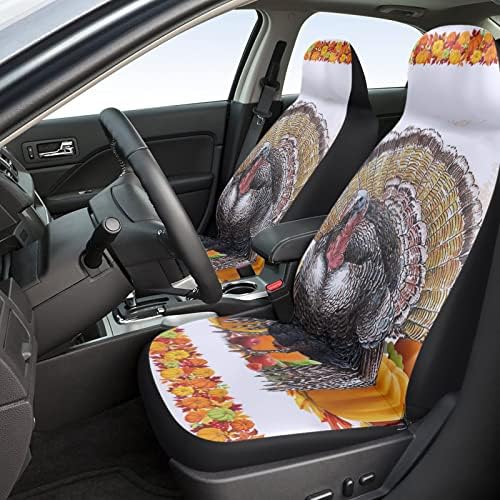 Ação de Graças Turquia Pumpkin Maple Leaf Print Capas de assento de carro de 2 peças Conjunto de carros frontal universal Cushion para SUV/carros/caminhões, outono folhas de outono decoração de protetor de assento automotivo fácil de instalar