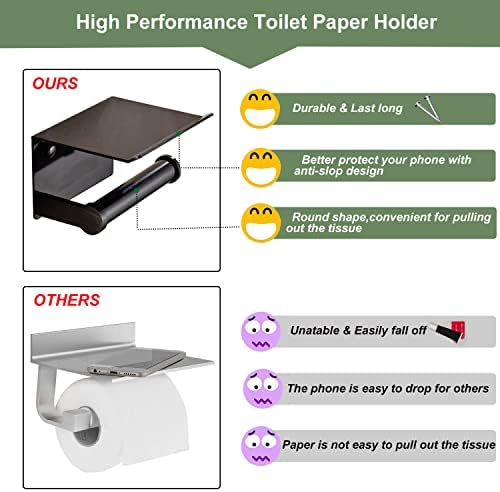 Ludodo Matte Black Bonet Paper Solter com prateleira de telefone, suporte de rolo de papel higiênico com prateleira de armazenamento, montada na parede para banheiro com parafusos